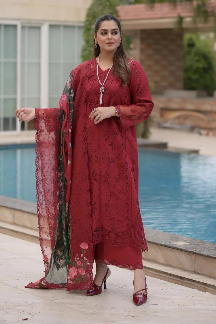 ANEELAS-3PC LAWN CHIKAN LASER WORK EMBROIDERED SHIRT WITH CHIFFON PRINTED EMB DUPATTA AND TROUSER-ADR-4875