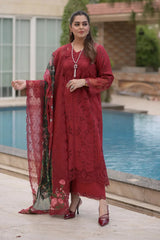 ANEELAS-3PC LAWN CHIKAN LASER WORK EMBROIDERED SHIRT WITH CHIFFON PRINTED EMB DUPATTA AND TROUSER-ADR-4875