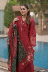 ANEELAS-3PC LAWN CHIKAN LASER WORK EMBROIDERED SHIRT WITH CHIFFON PRINTED EMB DUPATTA AND TROUSER-ADR-4875