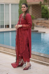 ANEELAS-3PC LAWN CHIKAN LASER WORK EMBROIDERED SHIRT WITH CHIFFON PRINTED EMB DUPATTA AND TROUSER-ADR-4875