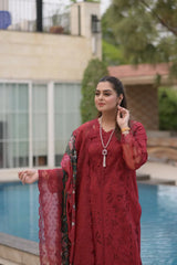 ANEELAS-3PC LAWN CHIKAN LASER WORK EMBROIDERED SHIRT WITH CHIFFON PRINTED EMB DUPATTA AND TROUSER-ADR-4875