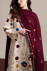 ZAIB-3PC DHANAK EMBROIDERED SHIRT WITH DHANAK EMBROIDERED SHAWL AND TROUSER-ADR-5325