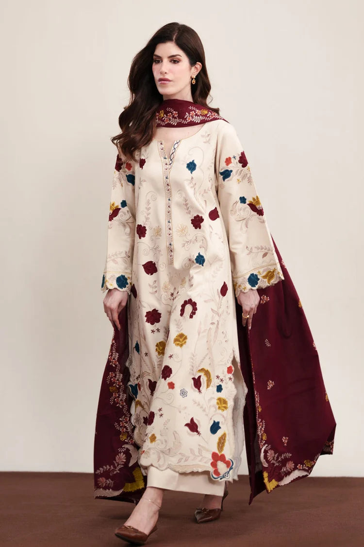 ZAIB-3PC DHANAK EMBROIDERED SHIRT WITH DHANAK EMBROIDERED SHAWL AND TROUSER-ADR-5325