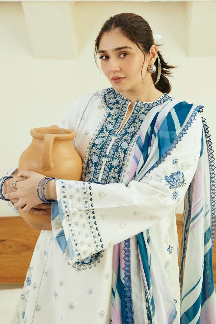 ZAHRA SHAHJAHAN- 3PC DHANAK EMBROIDERED SHIRT WITH WOOL PRINT SHAWL-ADR-3233