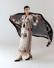 HUSSAIN REHAR-3PC DHANAK EMBROIDERED SHIRT WITH WOOL PRINTED SHAWL AND EMB TROUSER-ADR-5244