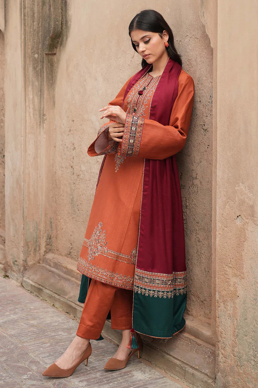 JAZMIN - 3PC DHANAK EMBROIDERED SHIRT WITH WOOL PRINTED SHAWL & TROUSER-ADR-3419