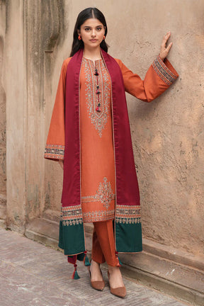 JAZMIN - 3PC DHANAK EMBROIDERED SHIRT WITH WOOL PRINTED SHAWL & TROUSER-ADR-3419