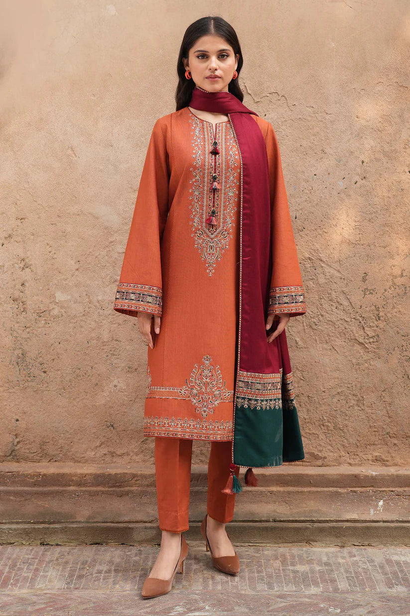 JAZMIN - 3PC DHANAK EMBROIDERED SHIRT WITH WOOL PRINTED SHAWL & TROUSER-ADR-3419