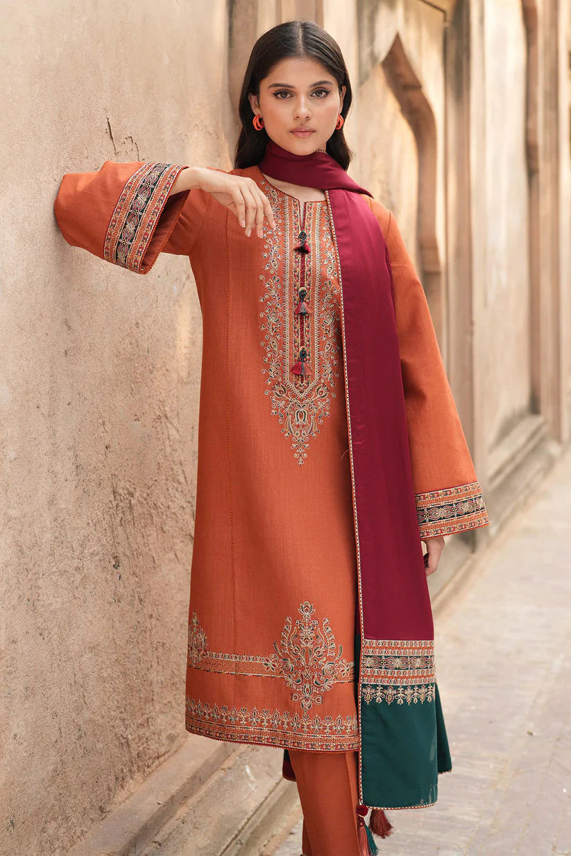 JAZMIN - 3PC DHANAK EMBROIDERED SHIRT WITH WOOL PRINTED SHAWL & TROUSER-ADR-3419