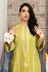 URGE- 3PC DHANAK EMBROIDERED SHIRT WITH COUTURE WOOL PRINT SHAWL AND EMB TROUSER-ADR-4013