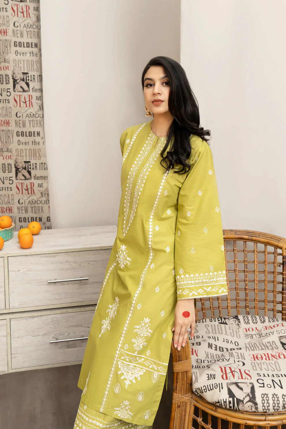 URGE- 3PC DHANAK EMBROIDERED SHIRT WITH COUTURE WOOL PRINT SHAWL AND EMB TROUSER-ADR-4013