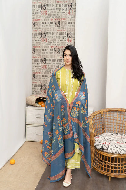 URGE- 3PC DHANAK EMBROIDERED SHIRT WITH COUTURE WOOL PRINT SHAWL AND EMB TROUSER-ADR-4013