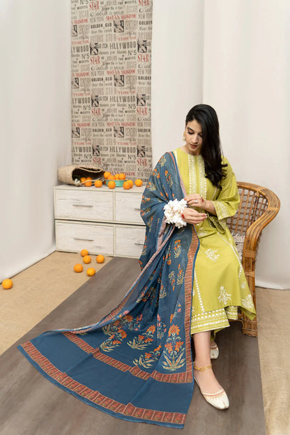 URGE- 3PC DHANAK EMBROIDERED SHIRT WITH COUTURE WOOL PRINT SHAWL AND EMB TROUSER-ADR-4013