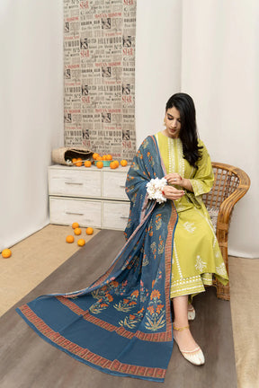 URGE- 3PC DHANAK EMBROIDERED SHIRT WITH COUTURE WOOL PRINT SHAWL AND EMB TROUSER-ADR-3162