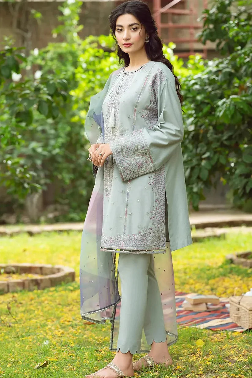 JAZMIN - 3PC DHANAK EMBROIDERED SHIRT WITH ORGANZA PRINTED DUPATTA & TROUSER-ADR-1006