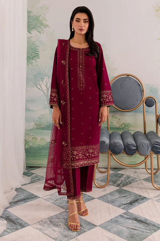 JAZMIN-3PC DHANAK EMBROIDERED SHIRT WITH CHIFFON EMBROIDERED DUPATTA AND TROUSER-ADR-4198