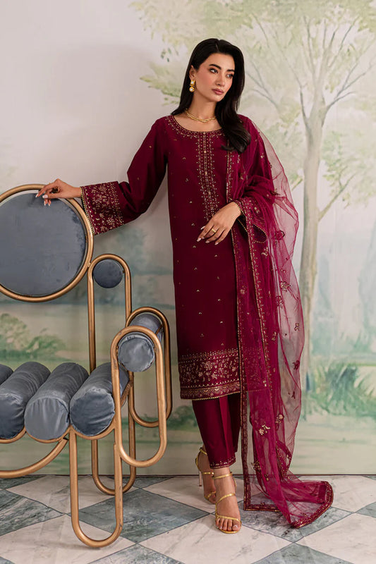 JAZMIN-3PC DHANAK EMBROIDERED SHIRT WITH CHIFFON EMBROIDERED DUPATTA AND TROUSER-ADR-4198