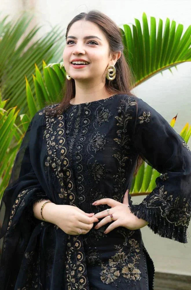 DANANEER-3PC KHADDAR EMBROIDERED SHIRT WITH CHIFFON EMBROIDERED DUPATTA & TROUSER-ADR-4116