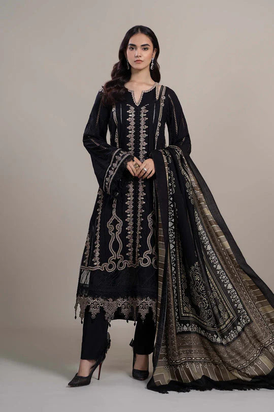 MARIA B - 3PC DHANAK EMBROIDERED SHIRT WITH COUTURE WOOL PRINT SHAWL AND LAWN TROUSER-ADR-3110- BLACK