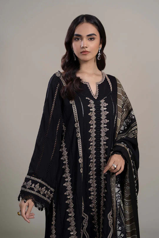 MARIA B - 3PC DHANAK EMBROIDERED SHIRT WITH COUTURE WOOL PRINT SHAWL AND LAWN TROUSER-ADR-3110- BLACK