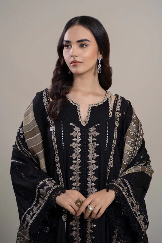 MARIA B - 3PC DHANAK EMBROIDERED SHIRT WITH COUTURE WOOL PRINT SHAWL AND LAWN TROUSER-ADR-3110- BLACK