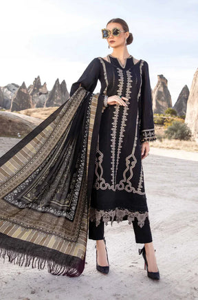 MARIA B - 3PC DHANAK EMBROIDERED SHIRT WITH COUTURE WOOL PRINT SHAWL AND LAWN TROUSER-ADR-3110- BLACK