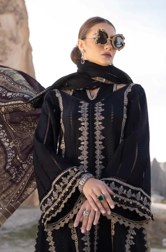 MARIA B - 3PC DHANAK EMBROIDERED SHIRT WITH COUTURE WOOL PRINT SHAWL AND LAWN TROUSER-ADR-3110- BLACK