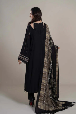 MARIA B - 3PC DHANAK EMBROIDERED SHIRT WITH COUTURE WOOL PRINT SHAWL AND LAWN TROUSER-ADR-3110- BLACK