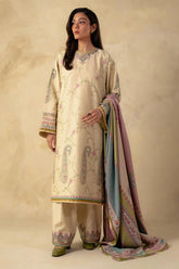 ZARA SHAHJAHAN - 3PC EMBROIDERED SHIRT WITH WOOL PRINT SHAWL AND DHANAK EMBROIDERED TROUSER-ADR-3229