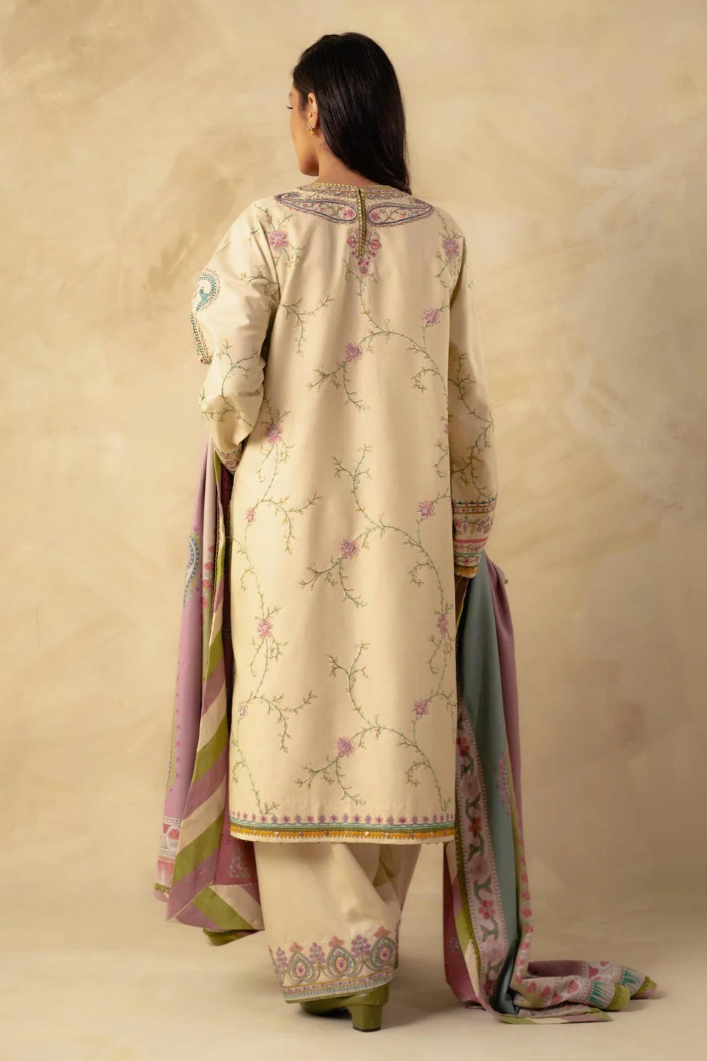 ZARA SHAHJAHAN - 3PC EMBROIDERED SHIRT WITH WOOL PRINT SHAWL AND DHANAK EMBROIDERED TROUSER-ADR-3229