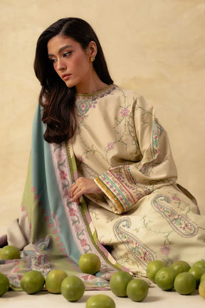 ZARA SHAHJAHAN - 3PC EMBROIDERED SHIRT WITH WOOL PRINT SHAWL AND DHANAK EMBROIDERED TROUSER-ADR-3229