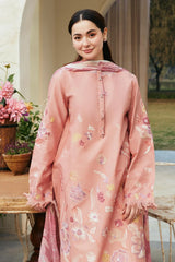 ZARA SHAH JAHAN- 3PC DHANAK EMBROIDERED SHIRT WITH COUTRAI PRINTED SHAWL & EMB TROUSER-ADR-4106