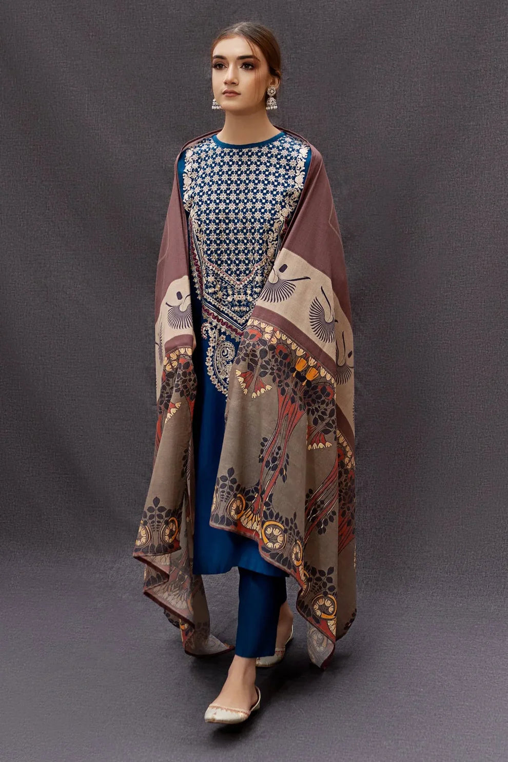 URGE - 3PC DHANAK EMBROIDERED SHIRT WITH COUTURE WOOL PRINTED SHAWL AND TROUSER-ADR-3111