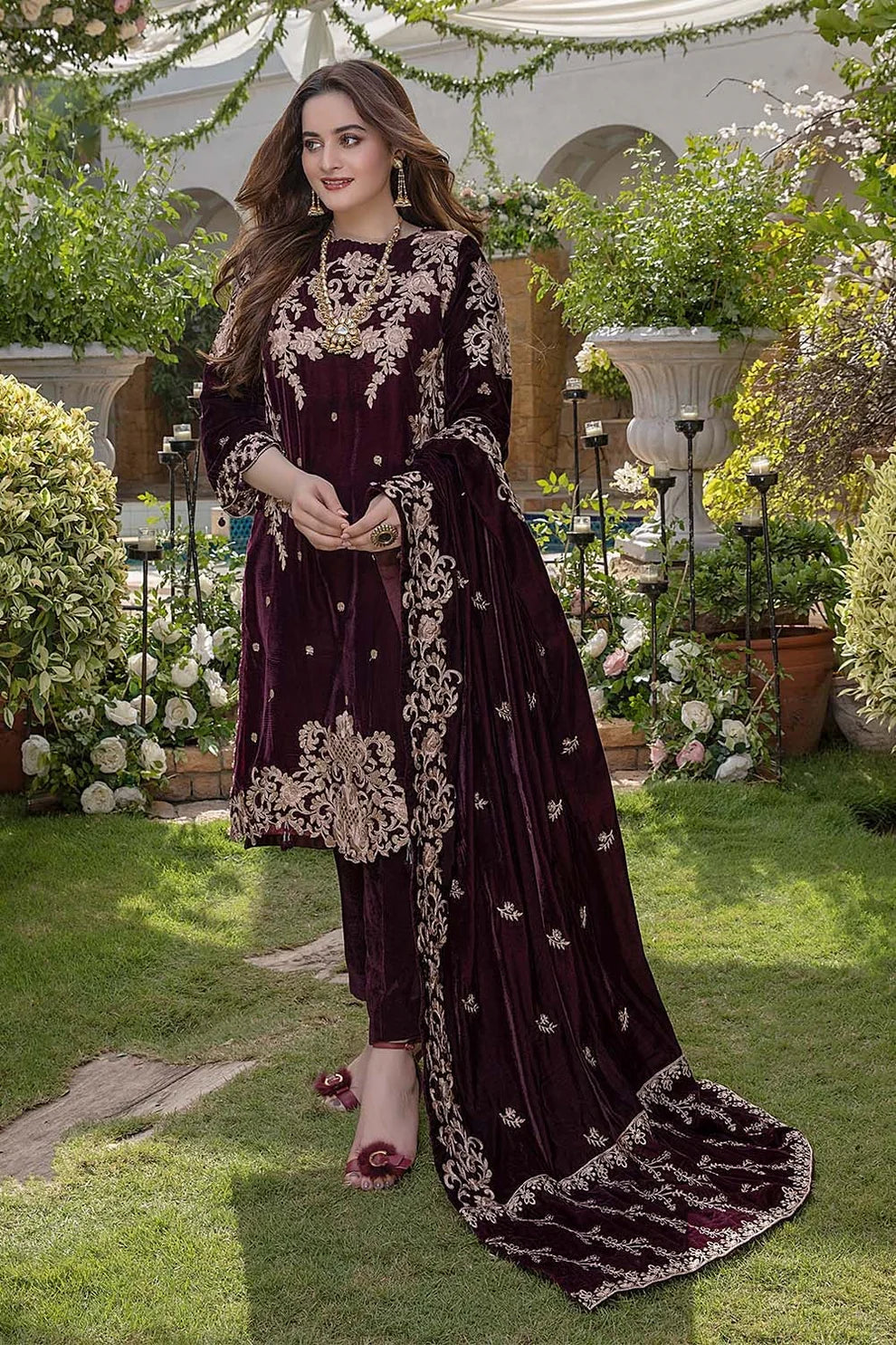 AIMAN MINAL 3PC- VELVET EMBROIDERED SHIRT WITH VELVET EMBROIDERED SHAWL AND SILK TROUSER-ADR-9000-D.5-MICRO