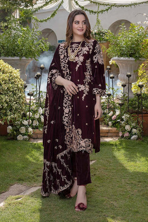 AIMAN MINAL 3PC- VELVET EMBROIDERED SHIRT WITH VELVET EMBROIDERED SHAWL AND SILK TROUSER-ADR-9000-D.5-MICRO