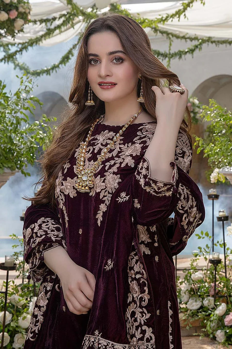 AIMAN MINAL 3PC- VELVET EMBROIDERED SHIRT WITH VELVET EMBROIDERED SHAWL AND SILK TROUSER-ADR-9000-D.5-MICRO