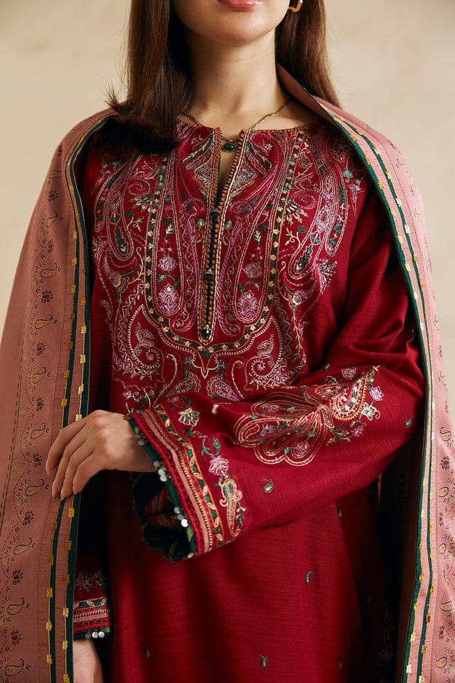 ZAHRA SHAHJAHAN- 3PC DHANAK EMBROIDERED SHIRT COUTURE WITH WOOL PRINT SHAWL AND TROUSER-ADR-3106