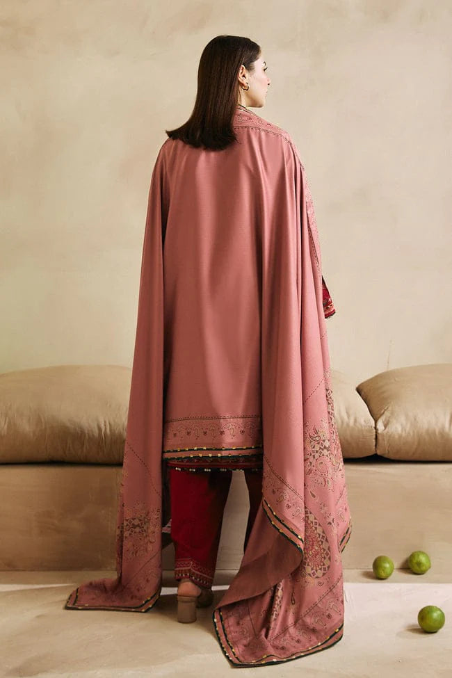 ZAHRA SHAHJAHAN- 3PC DHANAK EMBROIDERED SHIRT COUTURE WITH WOOL PRINT SHAWL AND TROUSER-ADR-3106