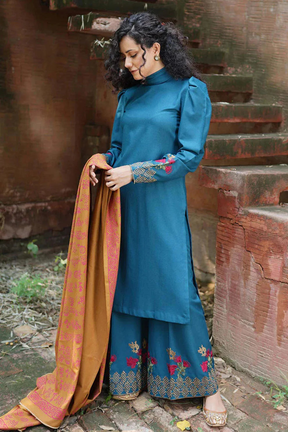 MARIA B - 3PC DHANAK EMBROIDERED SHIRT WITH WOOL PRINTED SHAWL AND TROUSER-ADR-3246