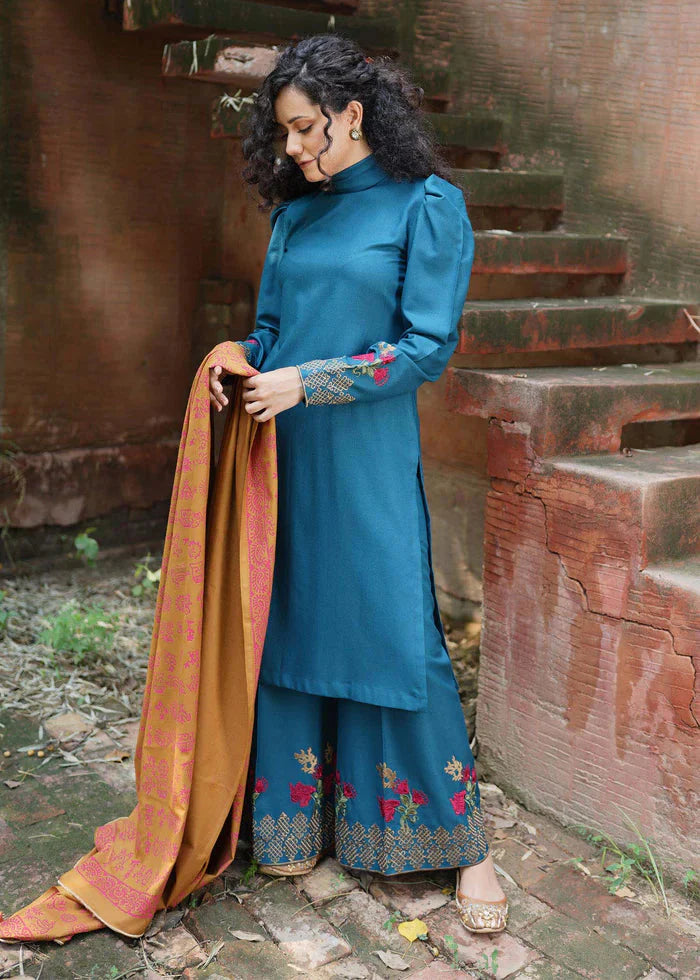 MARIA B - 3PC DHANAK EMBROIDERED SHIRT WITH WOOL PRINTED SHAWL AND TROUSER-ADR-3246