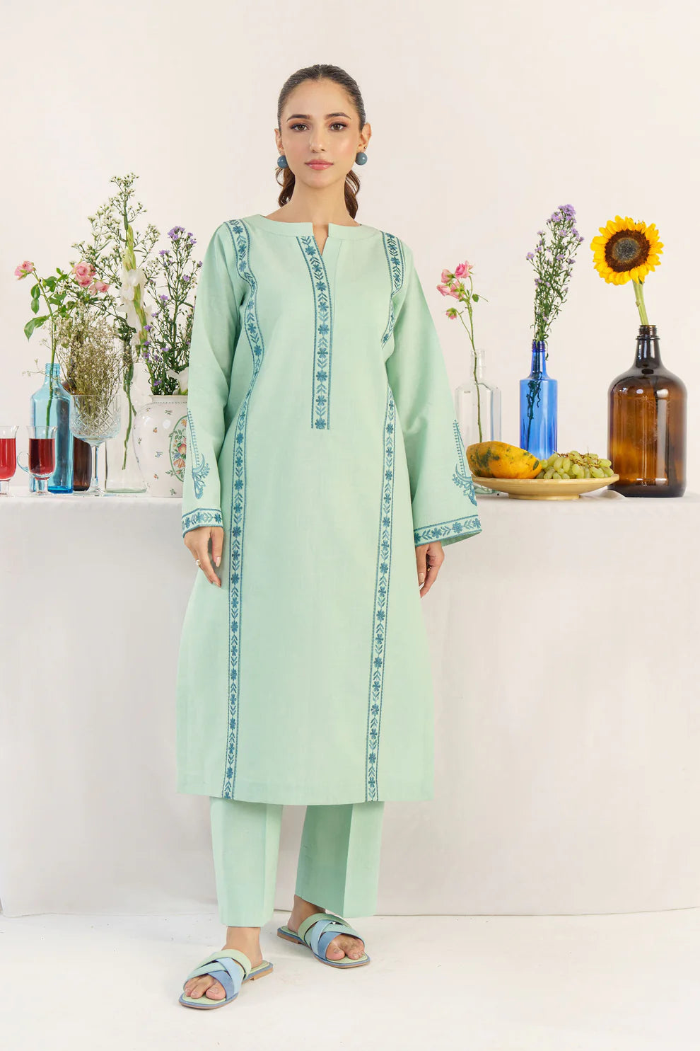 HANA- 3PC DHANAK EMBROIDERED SHIRT WITH WOOL PRINT SHAWL AND TROUSER-ADR-3158