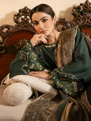 IZEL-3PC DHANAK EMBROIDERED SHIRT WITH COURTRAI WOOL PRINT SHAWL AND TROUSER-ADR-4394
