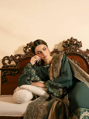 IZEL-3PC DHANAK EMBROIDERED SHIRT WITH COURTRAI WOOL PRINT SHAWL AND TROUSER-ADR-4394