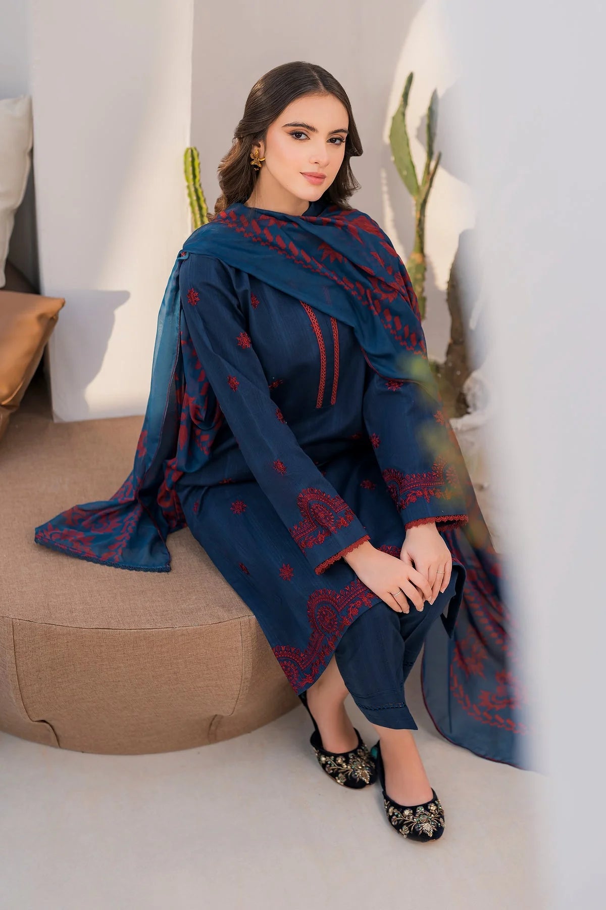 JAZMIN- 3PC DHANAK EMBROIDERED SHIRT WITH WOOL PRINT SHAWL-ADR-3225