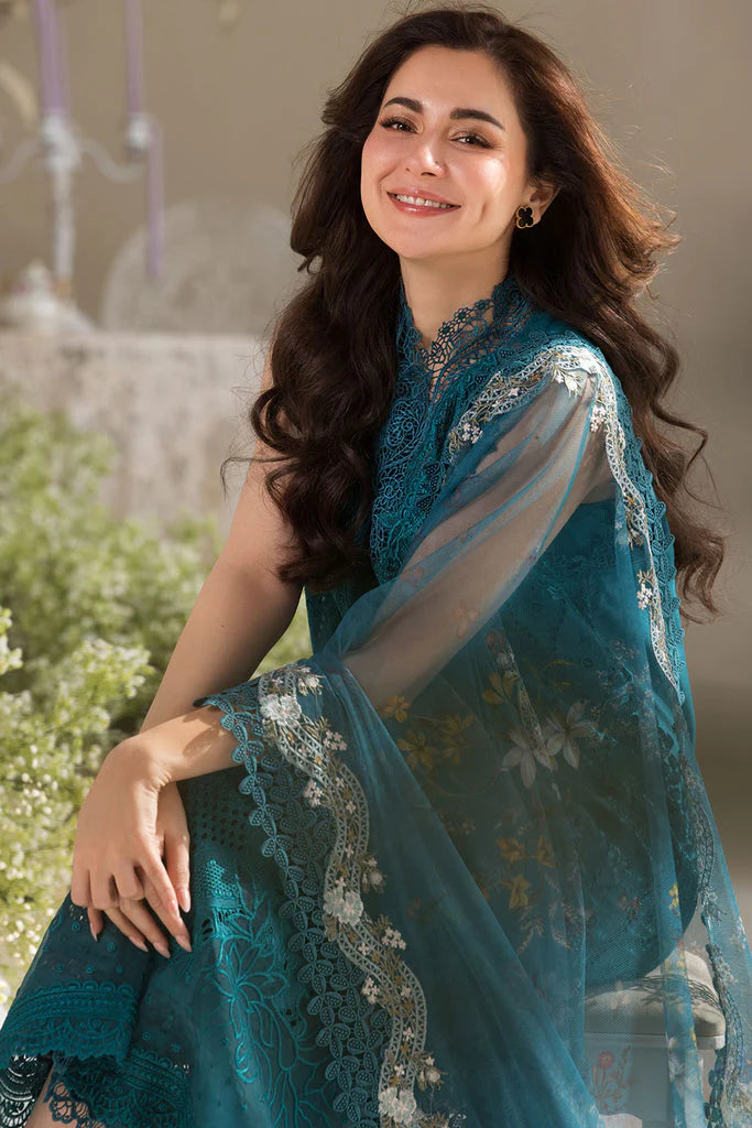 SOBIA NAZIR-3PC LAWN LASERCUT EMBROIDERED SHIRT WITH COTTON NET EMBROIDERED PRINT DUPATTA AND TROUSER ADR-3699