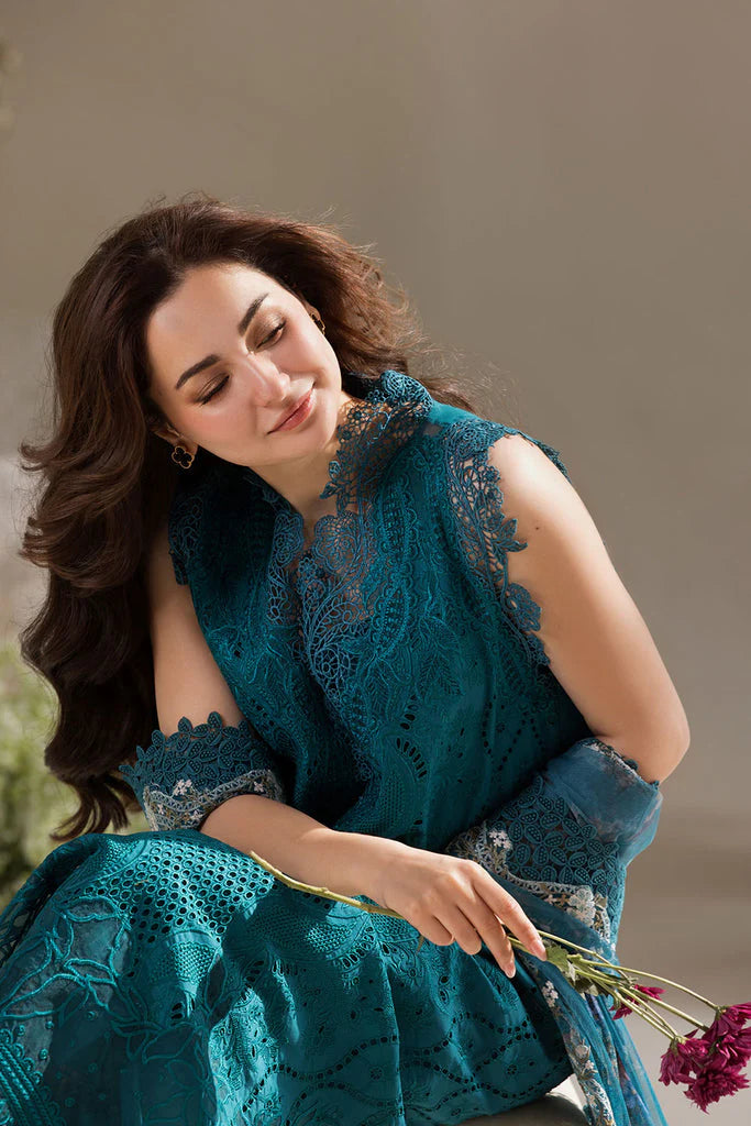 SOBIA NAZIR-3PC LAWN LASERCUT EMBROIDERED SHIRT WITH COTTON NET EMBROIDERED PRINT DUPATTA AND TROUSER ADR-3699
