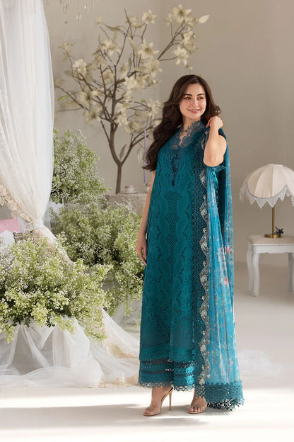 SOBIA NAZIR-3PC LAWN LASERCUT EMBROIDERED SHIRT WITH COTTON NET EMBROIDERED PRINT DUPATTA AND TROUSER ADR-3699