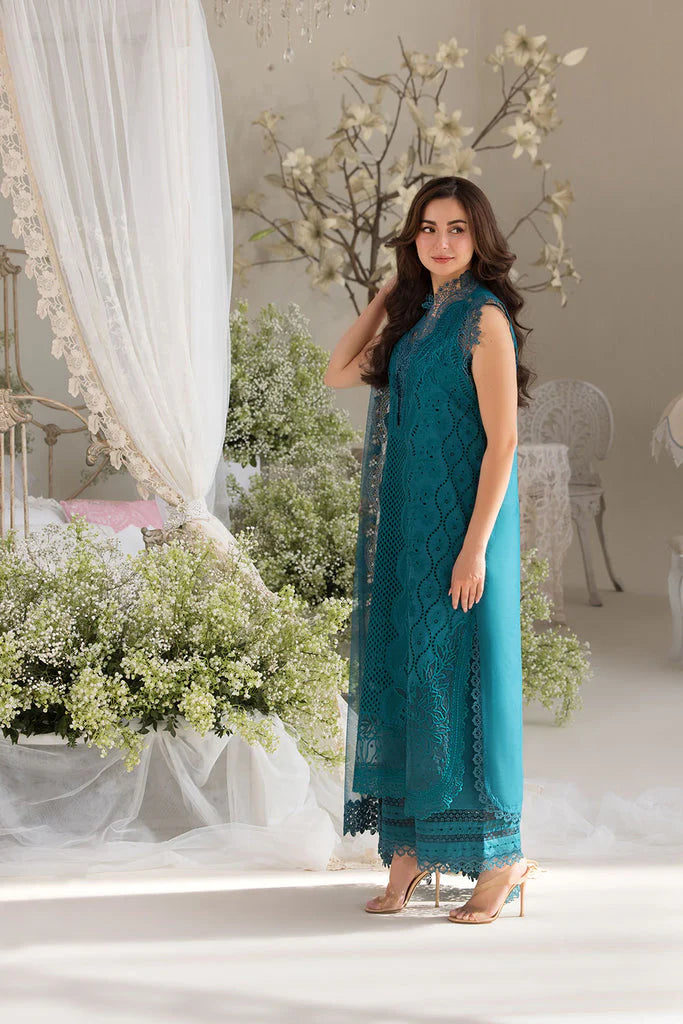SOBIA NAZIR-3PC LAWN LASERCUT EMBROIDERED SHIRT WITH COTTON NET EMBROIDERED PRINT DUPATTA AND TROUSER ADR-3699
