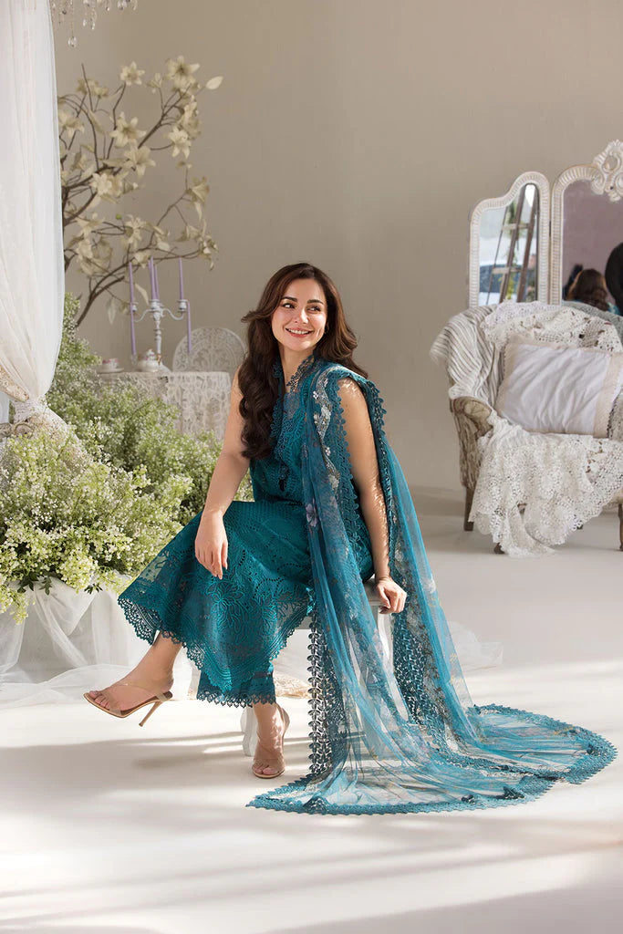 SOBIA NAZIR-3PC LAWN LASERCUT EMBROIDERED SHIRT WITH COTTON NET EMBROIDERED PRINT DUPATTA AND TROUSER ADR-3699