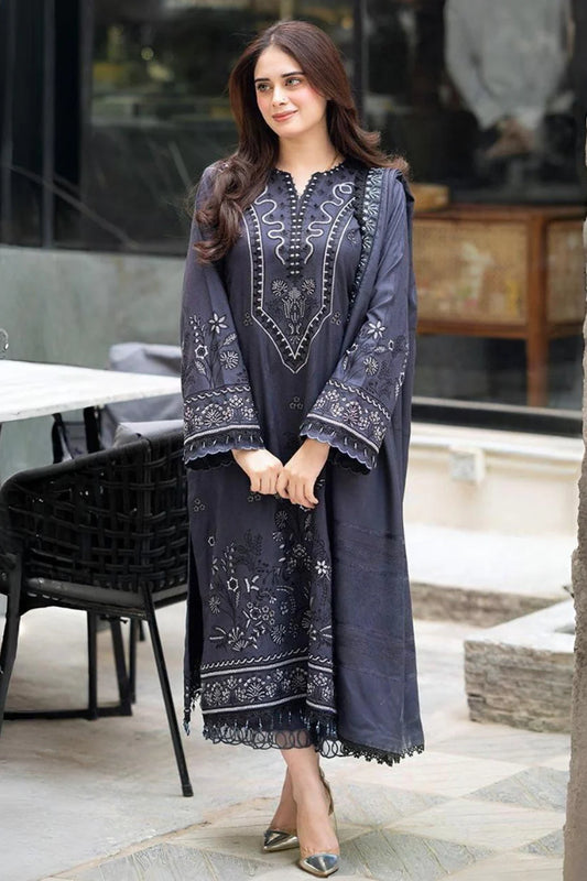 LIBAAS-3PC DHANAK EMBROIDERED SHIRT WITH DHANAK EMBROIDERED SHAWL & TROUSER-ADR-4223